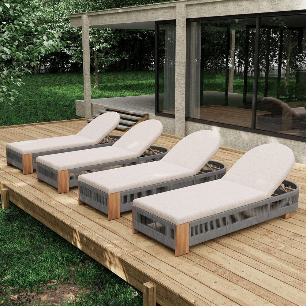 Outdoor Chaise Lounge without Cushion 79.5 in. Grey Teak Acacia Wood Rope and Iron Adjustable Backrest (Set of 4) price history on PriceWatchPro
