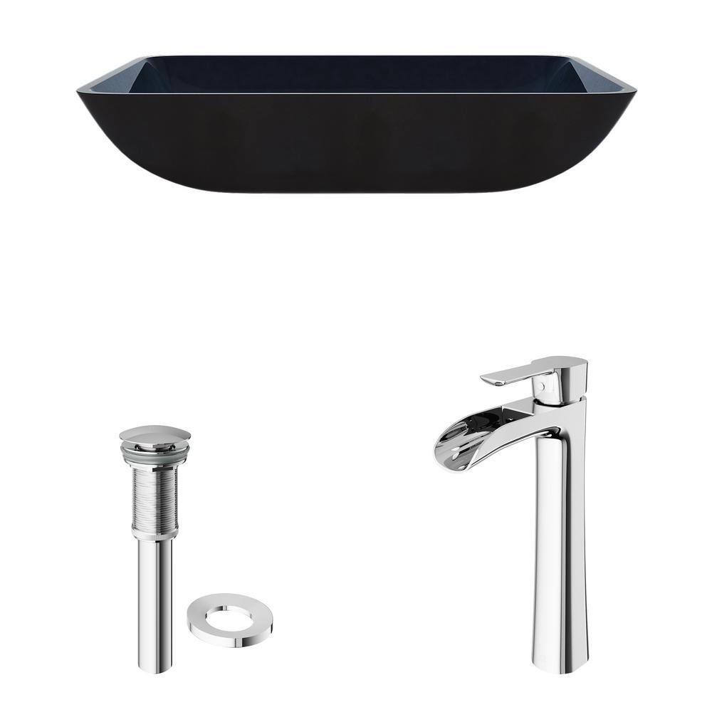 Turquoise Blue Glass Vessel Bathroom Sink with Chrome Faucet