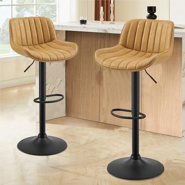 Art Leon Modern 23.42 in. Seat Height Adjustable Tan Faux Leather Swivel Low Back Bar Stools with Metal Frame (Set of 2)