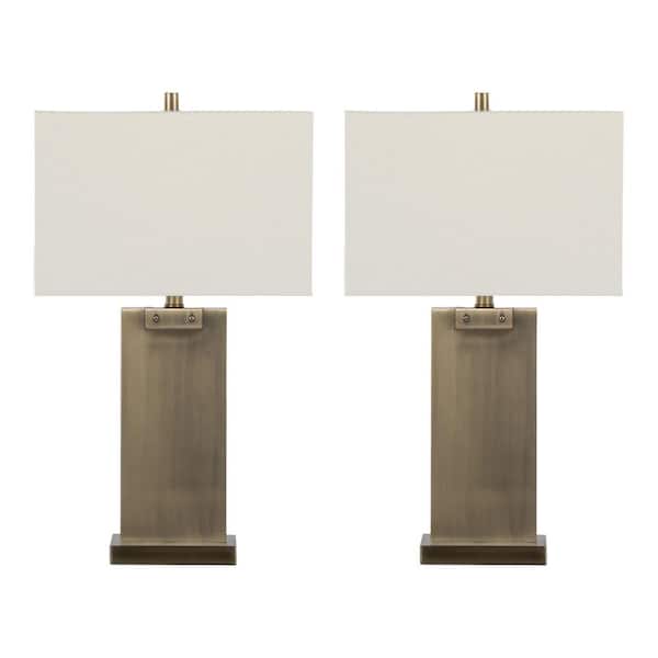 Royce 26 in. Antique Brass Metal and White Linen Shade Table Lamp (Set of 2)