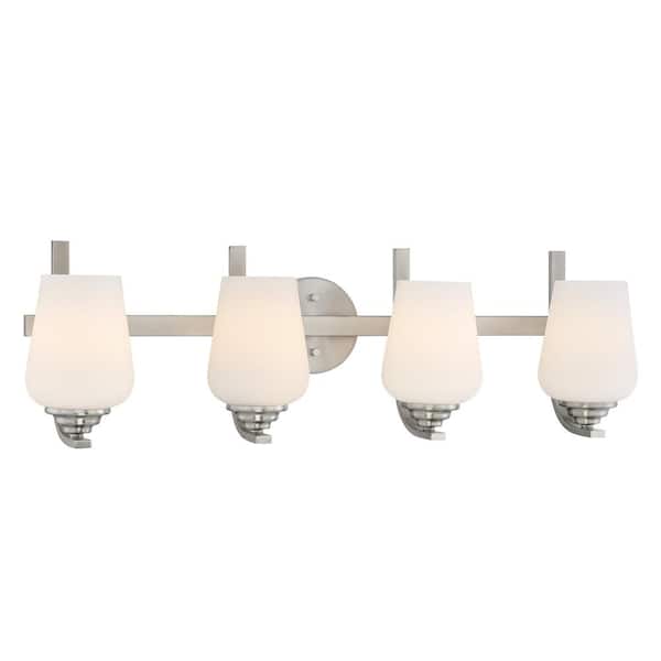 Minka Lavery Shyloh 30.875 in. 4-Light Brushed Nickel Vanity Light with Etched Opal Glass Shades