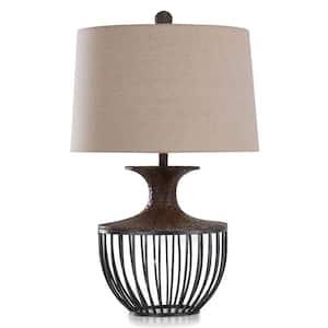 30 in. Pewter, Dark Amber Metal, Poly, Fabric Table Lamp with Tan Linen Shade