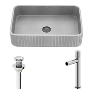 Windsor Gray Concreto Stone Rectangular Fluted Bathroom Vessel Sink with Ashford Faucet and Pop-Up Drain in Chrome