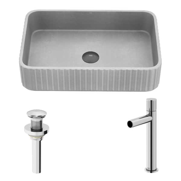 VIGO Windsor Gray Concreto Stone Rectangular Fluted Bathroom Vessel Sink with Ashford Faucet and Pop-Up Drain in Chrome