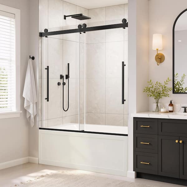 56-60 in. W x 60 in. H Soft-Close Semi Frameless Sliding Tub Shower Door in Matte Black with 5/16 in. Clear Glass