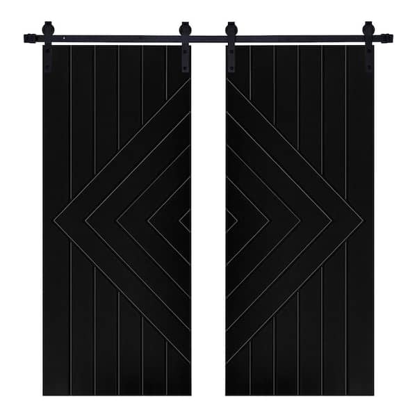 AIOPOP HOME Modern Strip Designed 48 in. x 84 in. MDF Panel Black Painted Double Sliding Barn Door with Hardware Kit