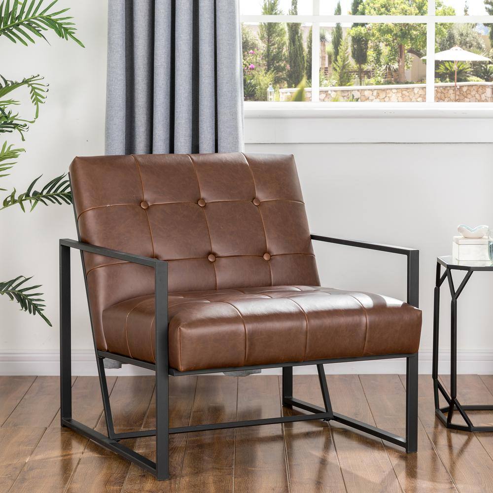Set of 2 Brown Faux Leather and Metal Accent Chairs