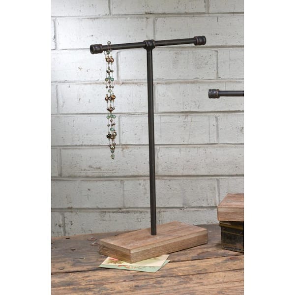 TRIPAR INTERNATIONAL, INC. 19.25 in. Industrial Black Metal T-Bar Jewelry Stand with Wood Base