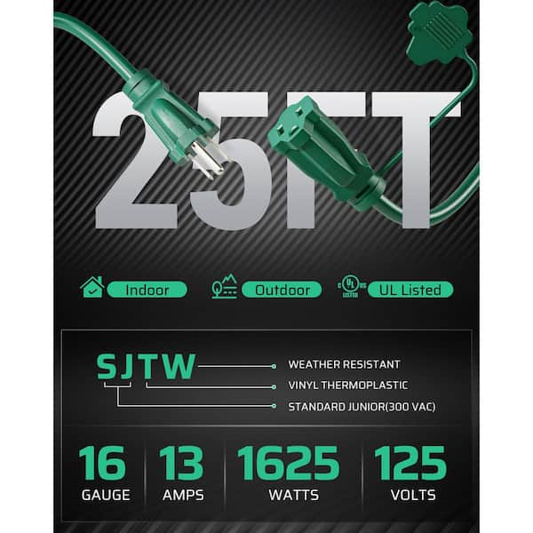25 ft. 16/3C SJTW Outdoor Extension Cord with 3-Prong 3 Outlets and Safety Cover, Green