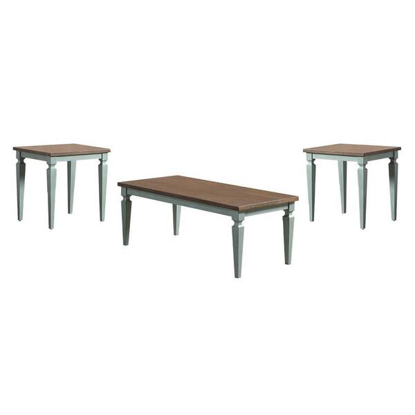 Benjara Miun 24 in. Classic Teal and Brown Rectangle Solid Wood 3-Piece Coffee Table Set