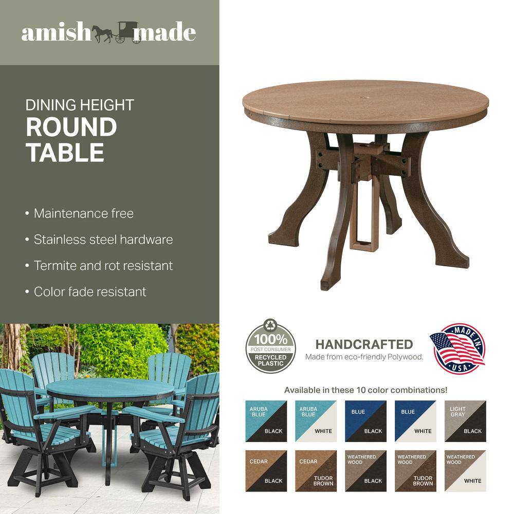 44" Round Black and Weatherwood Recycled Plastic Outdoor Dining Table