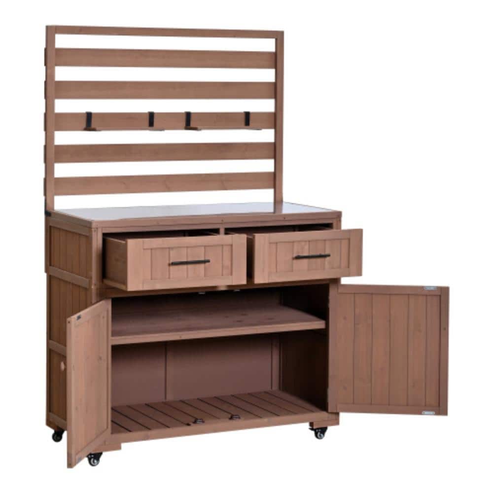 Brown wooden outdoor serving cart with open drawers and cabinets