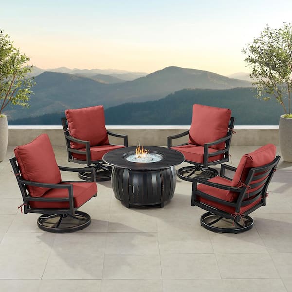 Oakland Living Black 7-Piece Aluminum Patio Fire Pit Set with 4-Club Chairs Red Cushions