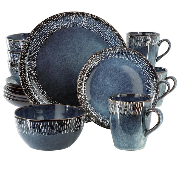 Meritage Jasper 16-Piece Round Stoneware Dinnerware Set Service for 4 in Blue with Reactive Glaze