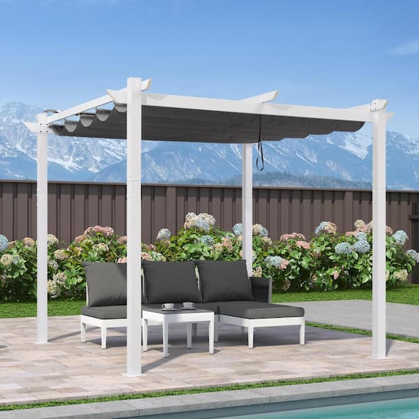 10 ft. W x 10 ft. D Modern White Aluminum Pergola with Gray Adjustable Sun Shelter Canopy and Extra Protective Roof