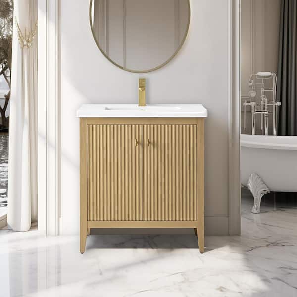 Vanity Art 30 in. W x 18.5 in. D x 34 in. H Single Sink Linear Natural Oak Bath Vanity Cabinet with White Ceramic Top