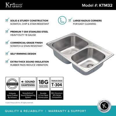 Drop-In Stainless Steel 33 in. 1-Hole 60/40 Double Bowl Kitchen Sink Kit
