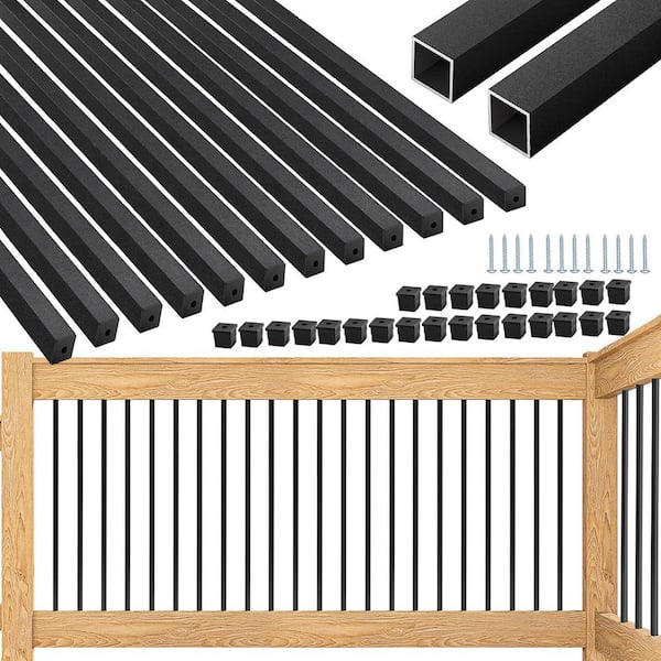 26 in. H x 0.75 in. W Black Aluminum Square Deck Balusters, Hollow Design, Porch Use, Stair Railing Kit, with Connectors