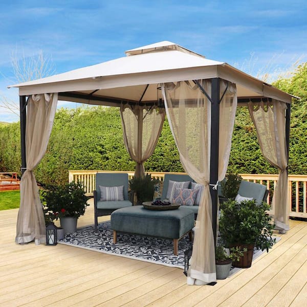 10 ft. x 10 ft. Beige Metal Gazebo with Sunshade Curtains Double Roof Canopy for Gardens, Patio, Backyard