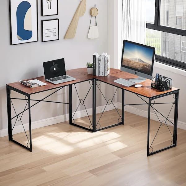 VECELO L Shaped Computer Corner Desk, 19.7 in. Large Industrial Home Office Workstation, Multi-Usage Long 2 Person Table, Brown