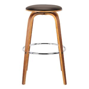 Harbor 26 in. Brown Faux Leather Mid-Century Swivel Counter Height Backless Bar Stool with Walnut Veneer