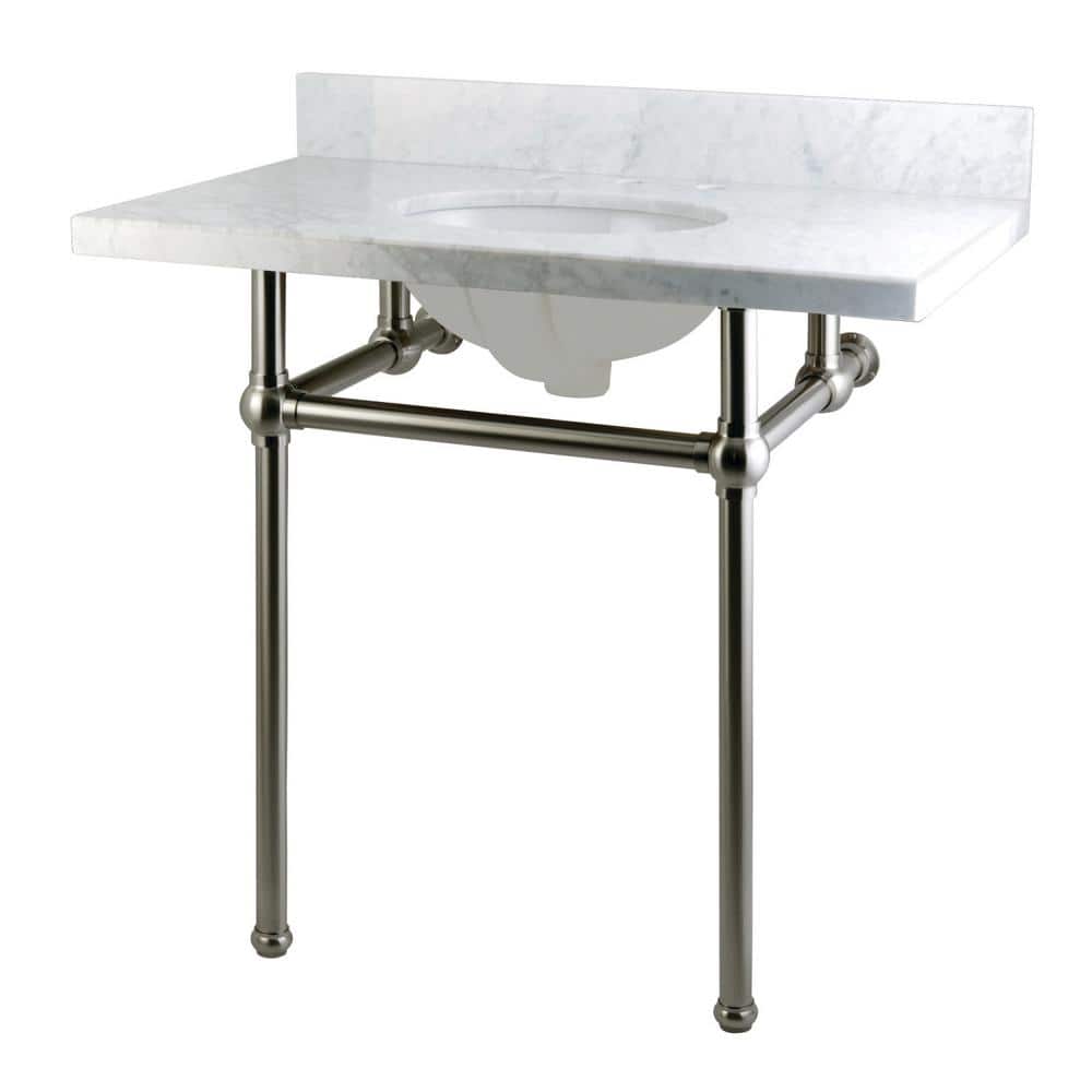 Kingston Brass Washstand 36 in. Console Table in Carrara White with Metal Legs in Brushed Nickel