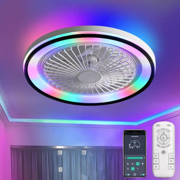 19 in. Indoor White Flush Mount Ceiling Fan with RGB48 Colorful LED Lights and 6-Speed Remote and APP Control