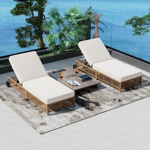 Upton Patio Natural Finish PE Rattan Woven Metal Frame Outdoor Chaise Lounge with Beige Cushions and Wheels, Set of 2