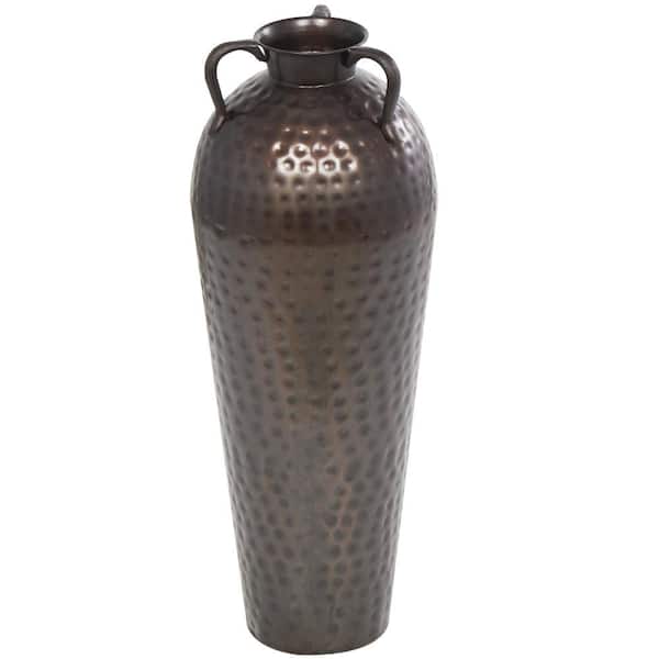 28 in. Brown Tall Floor Mediterranean Style Metal Decorative Vase with Hammered Details and Handles
