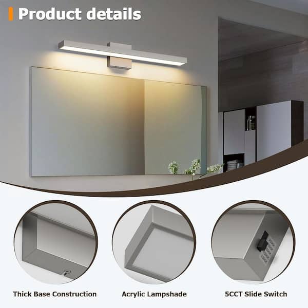 JUSHENG 24.41 in. 1-Light Nickel LED Bathroom Vanity-Light Bar