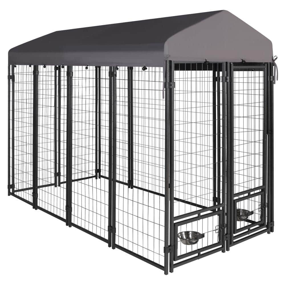 VEIKOUS 4 ft. x 8 ft. Outdoor Dog Cage Fence with Cover and Rotating ...