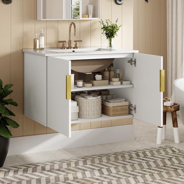 30 in. Single Sink Wall Mounted White Bath Vanity with White Ceramic Top and Soft Closing Doors