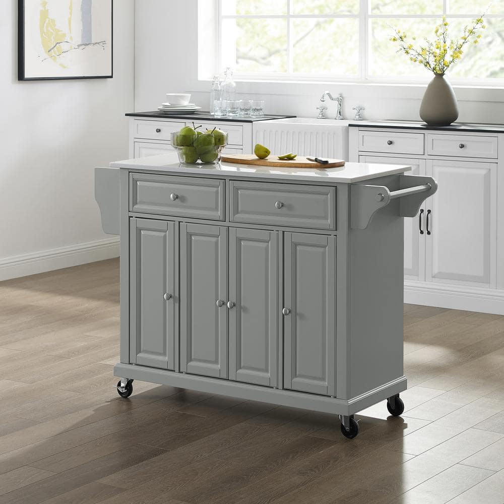 Gray Granite Top Kitchen Cart with Storage and Spice Rack