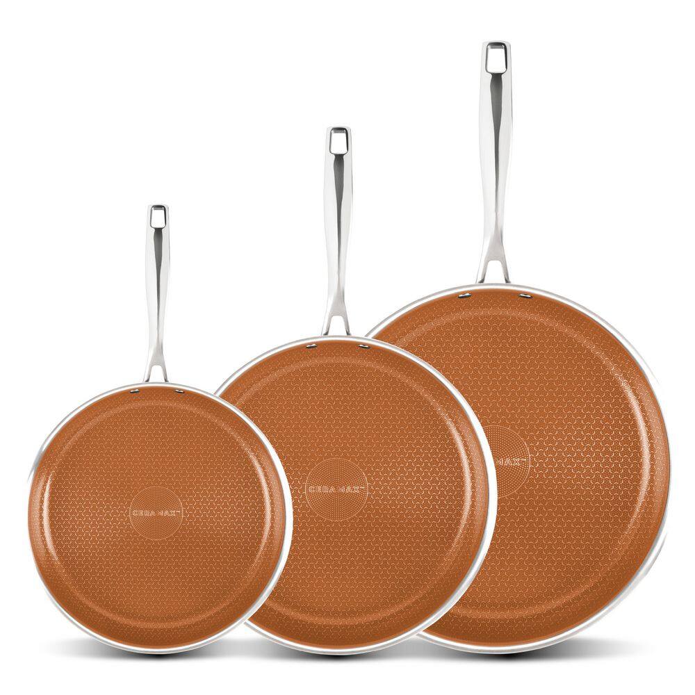 3-Piece Stainless Steel/Copper Tri-Ply Micro Textured Ceramic Etched Design Nonstick Skillet Set (8 in., 10 in., 12 in.)