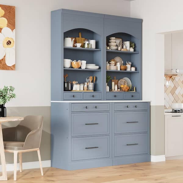 Harper & Bright Designs Freestanding Gray Kitchen Pantry Organizer, Cabinet with Faux Marble Top, Adjustable Shelves, 10 Drawers, Set of 2