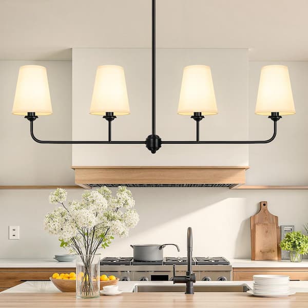 47 in. W 4-Light Linear Kitchen Island Lighting Fixture, Classic Matte Black Chandeliers w/ Linen Shades for Dining Room