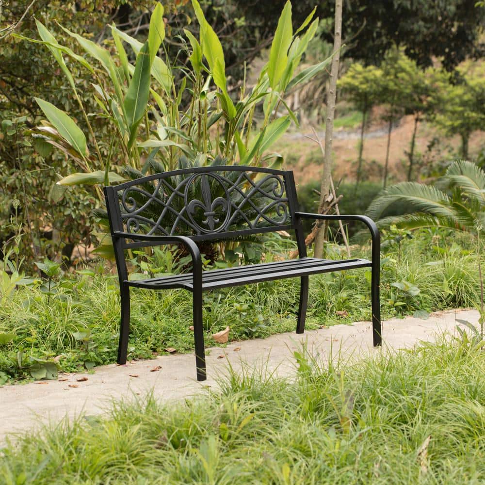 Black Cast Iron and Steel Outdoor Garden Patio Bench
