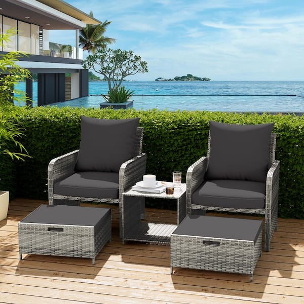 3 of Piece Gray Wicker/Rattan Patio Conversation Sets with Black Cushion