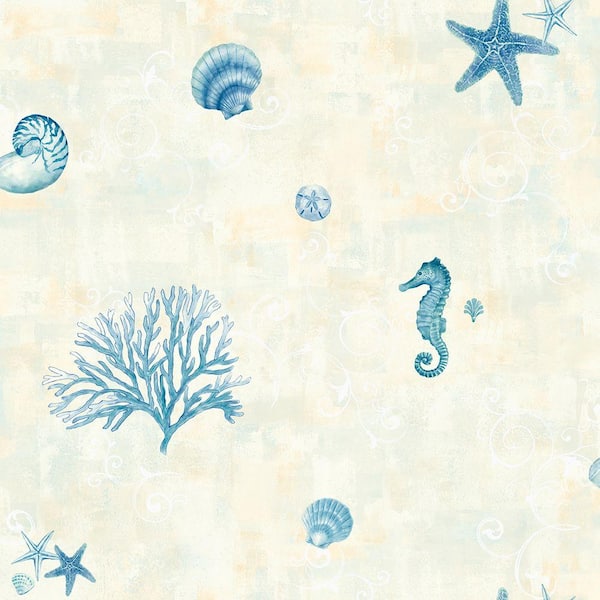 Chesapeake Boca Raton Blue Seashells Blue Wallpaper Sample