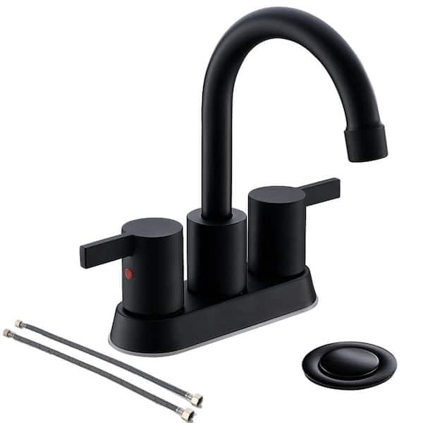 Phiestina 4 Inch 2 Handle Centerset Matte Black Lead-Free Modern Bathroom Faucet with Pop Up Drain and Water Supply Lines