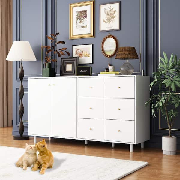 FUFU&GAGA Large Cat House Storage Cabinet Side Table with 6-Drawer Cat Litter Box Enclosure, Wood Television Stand for Living Room