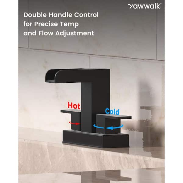 4 in. Centerset Double Handle Bathroom Faucet with Waterfall Spout in Matte Black (Valve Included)