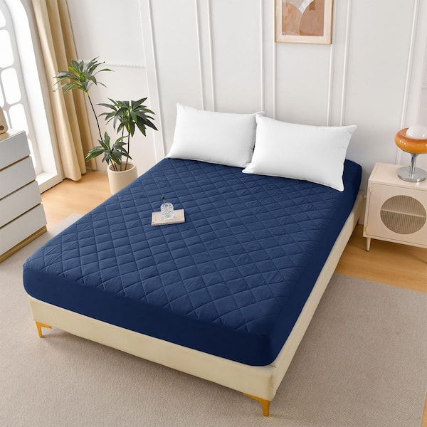 Blue Polyester Protector Diamond Grid Ultrasonic Waterproof Quilted Fitted Sheet-Size T