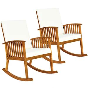 Natural Teak Acacia Wood Outdoor Rocking Chair with White Cushions (2-Pack)