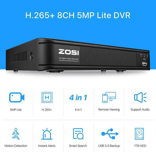 ZOSI 8 Channel 5MP-Lite 1TB Hard Drive DVR Security Camera System