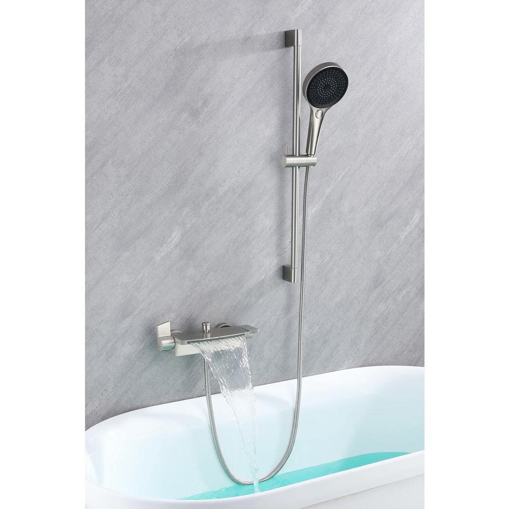 Brushed Nickel Wall Mount Waterfall Faucet Set with Adjustable Hand Shower