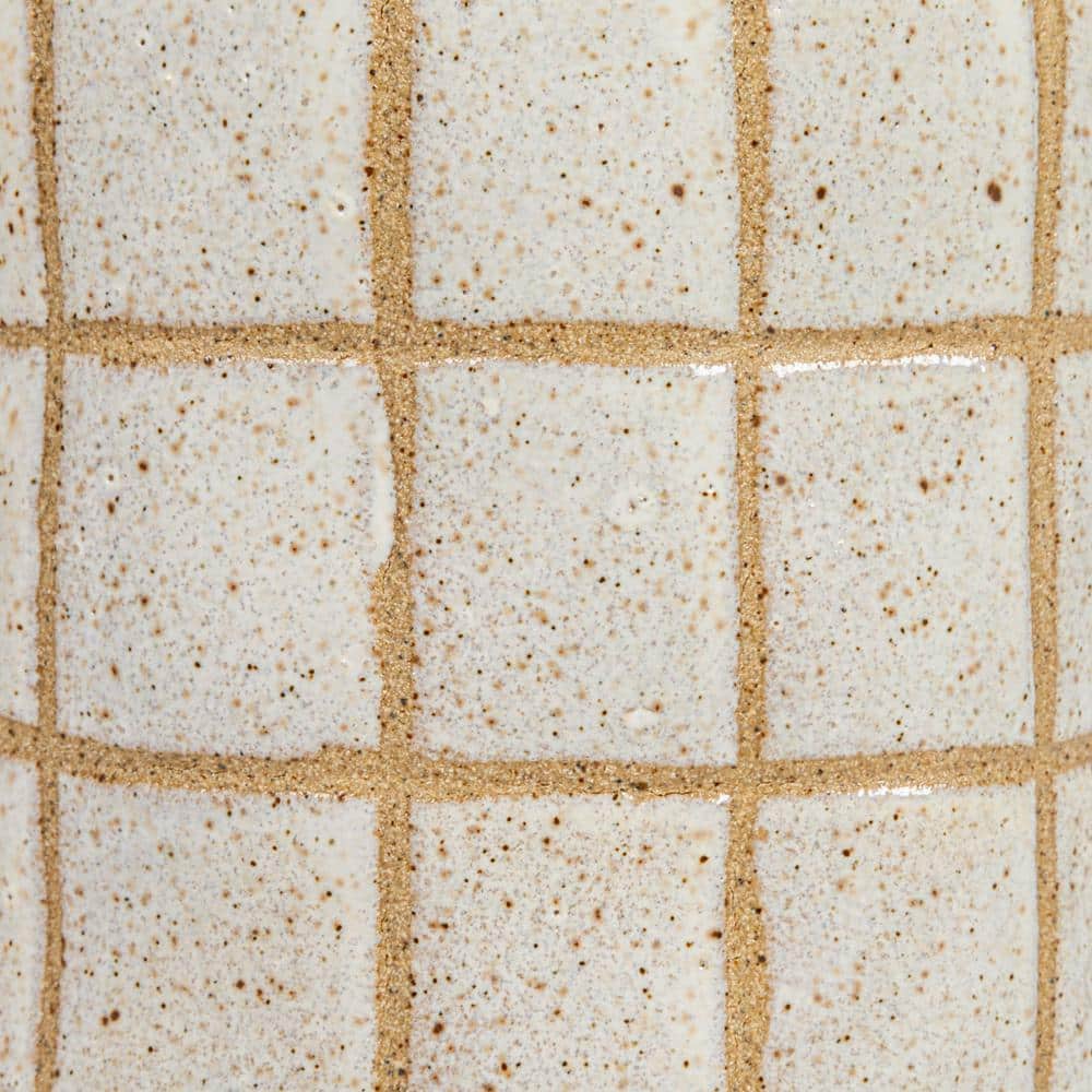 Cream and Brown Stoneware Pitcher with Wax Relief Grid Pattern