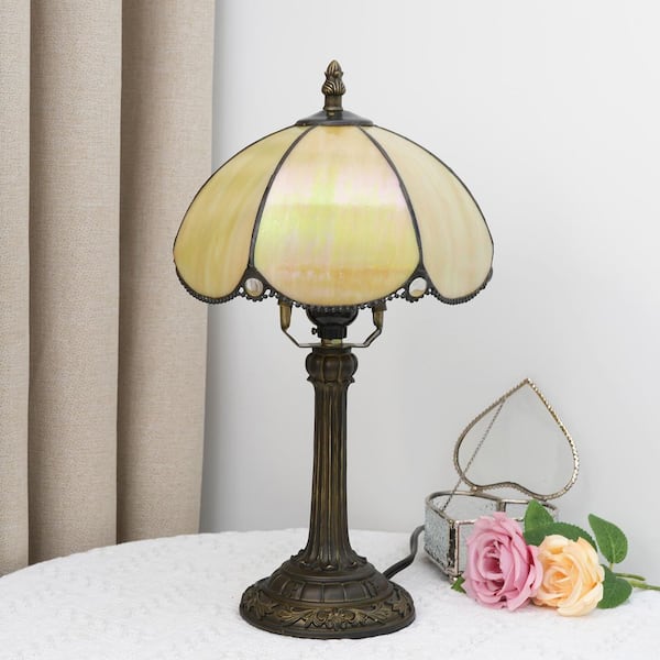 14 in. Tiffany Style Bronze Finish Table Lamp with Beige Stained Glass Lamp Shade