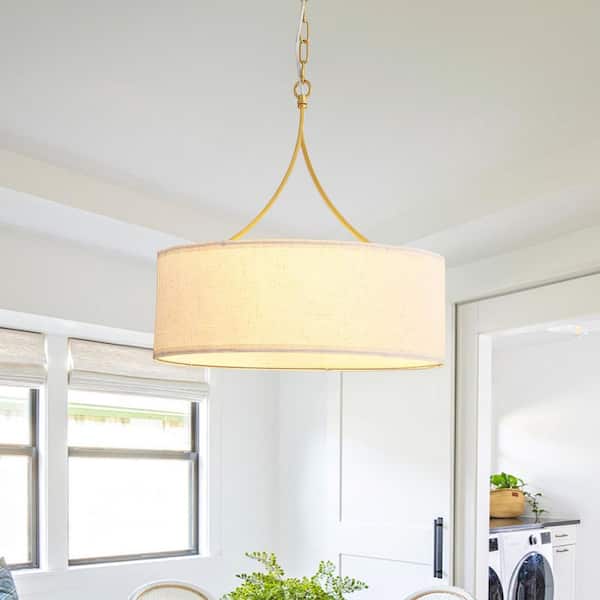 Rerhill 3-Light Gold Modern Pendant Design Chandelier with Fabric Drum Shade for Kitchen Dining Room, No Bulbs Included