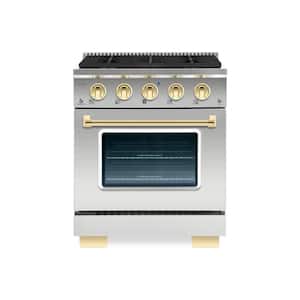 BOLD 30" 4.2 CuFt. 4 Burner Freestanding Dual Fuel Range with Gas Stove & Electric Oven, Stainless steel with Brass Trim